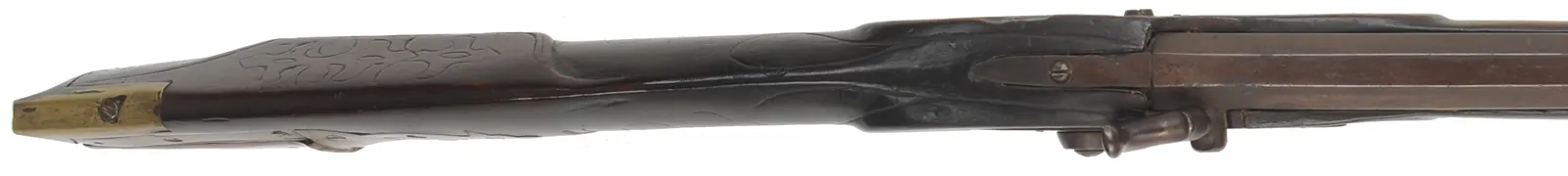 Decorator ~ Antique Fullstock Rifle,
.46 caliber smoothbore, 42" barrel,
very rough bore, Riddle marked percussion lock,
incised maple, brass, as-is for decoration