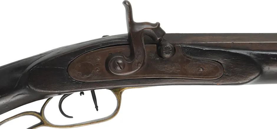 Decorator ~ Antique Fullstock Rifle,
.46 caliber smoothbore, 42" barrel,
very rough bore, Riddle marked percussion lock,
incised maple, brass, as-is for decoration