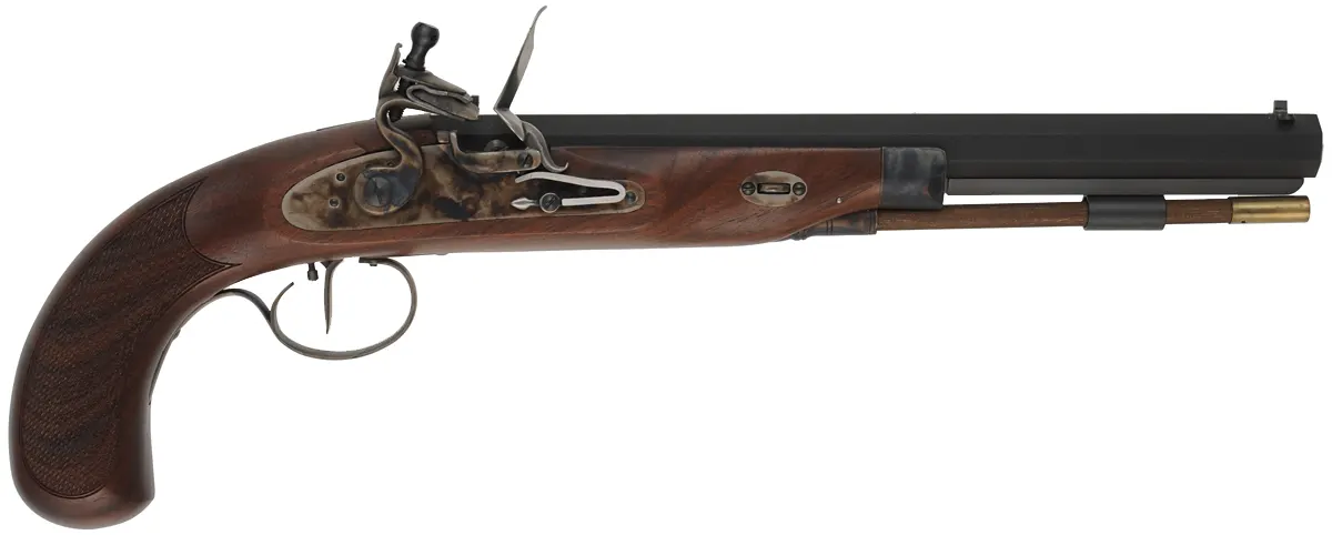 Charles Moore Pistol,
.44 caliber smoothbore, 11" barrel,
flintlock, walnut, iron trim, set trigger,
as-new, in factory box, by Davide Pedersoli