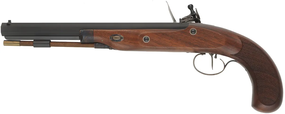 Charles Moore Pistol,
.44 caliber smoothbore, 11" barrel,
flintlock, walnut, iron trim, set trigger,
as-new, in factory box, by Davide Pedersoli