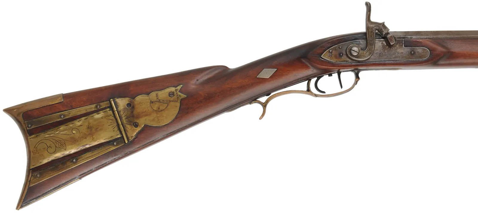 Tennessee Maid Longrifle,
.38 caliber, 38" barrel,
cherry, brass, percussion, 
by one of America's first replica longrifle makers
signed by Royland Southgate