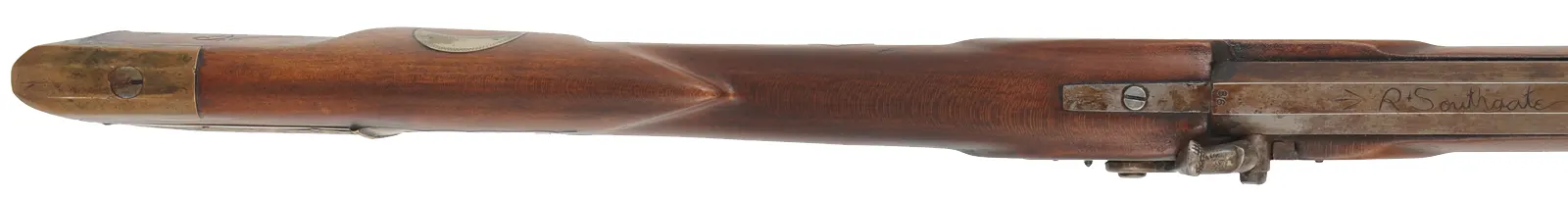 Tennessee Maid Longrifle,
.38 caliber, 38" barrel,
cherry, brass, percussion, 
by one of America's first replica longrifle makers
signed by Royland Southgate