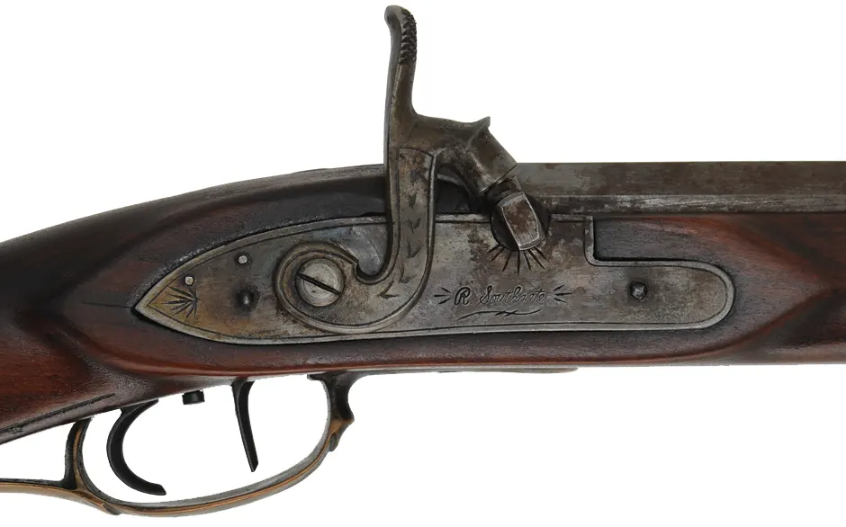 Tennessee Maid Longrifle,
.38 caliber, 38" barrel,
cherry, brass, percussion, 
by one of America's first replica longrifle makers
signed by Royland Southgate