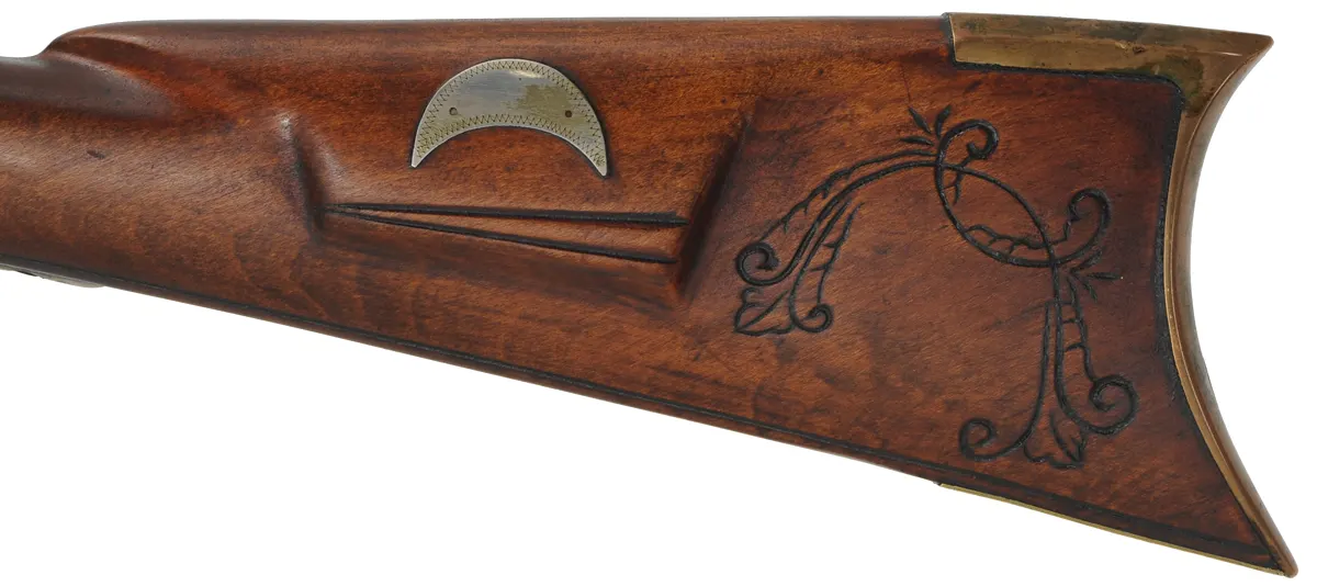 Tennessee Maid Longrifle,
.38 caliber, 38" barrel,
cherry, brass, percussion, 
by one of America's first replica longrifle makers
signed by Royland Southgate