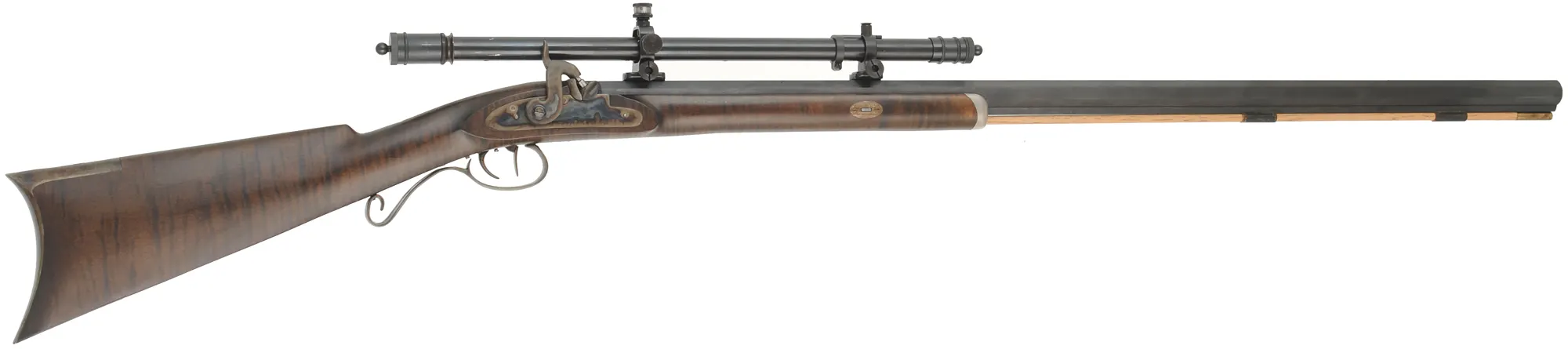 Hawken Squirrel Rifle,
.36 caliber 35" Rice barrel,
percussion, curly maple, iron trim,
6x Malcolm scope, used, by Brant Selb