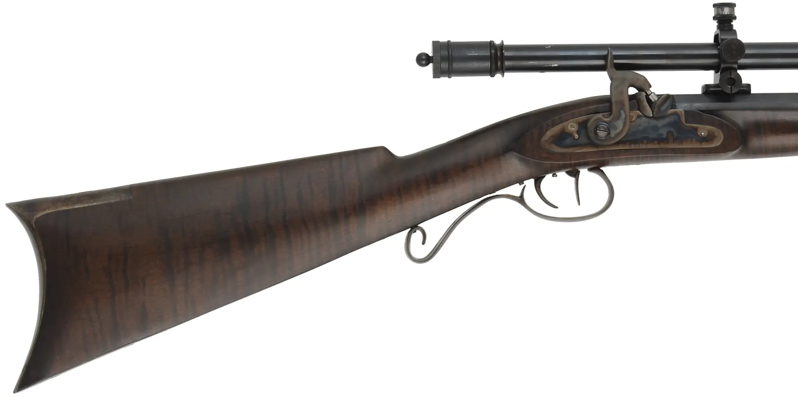 Hawken Squirrel Rifle,
.36 caliber 35" Rice barrel,
percussion, curly maple, iron trim,
6x Malcolm scope, used, by Brant Selb