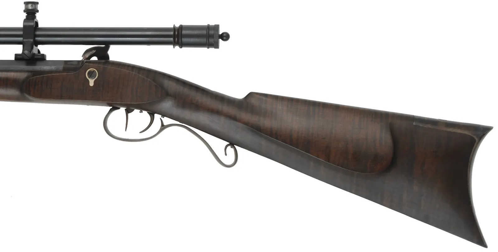 Hawken Squirrel Rifle,
.36 caliber 35" Rice barrel,
percussion, curly maple, iron trim,
6x Malcolm scope, used, by Brant Selb