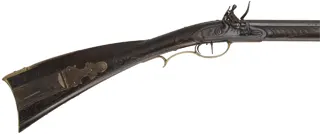 Lehigh Valley Longrifle,
.38 caliber, 40" barrel,
flintlock, curly maple, engraved brass,
with accouterments,
used, signed by F. Anderson Riley
