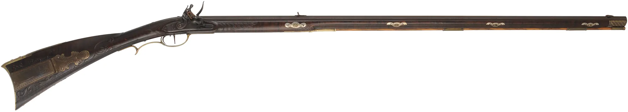 Lehigh Valley Longrifle,
.38 caliber, 40" barrel,
flintlock, curly maple, engraved brass,
with accouterments,
used, signed by F. Anderson Riley