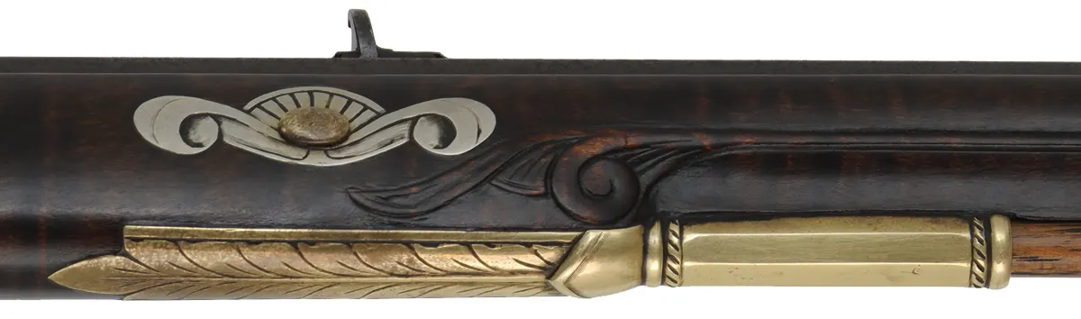 Lehigh Valley Longrifle,
.38 caliber, 40" barrel,
flintlock, curly maple, engraved brass,
with accouterments,
used, signed by F. Anderson Riley