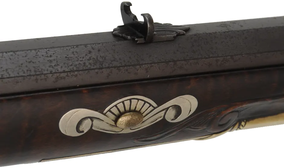 Lehigh Valley Longrifle,
.38 caliber, 40" barrel,
flintlock, curly maple, engraved brass,
with accouterments,
used, signed by F. Anderson Riley