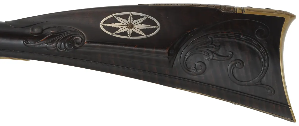 Lehigh Valley Longrifle,
.38 caliber, 40" barrel,
flintlock, curly maple, engraved brass,
with accouterments,
used, signed by F. Anderson Riley