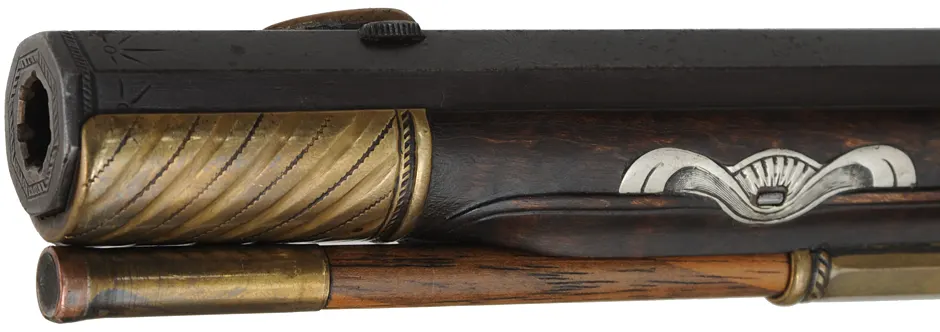 Lehigh Valley Longrifle,
.38 caliber, 40" barrel,
flintlock, curly maple, engraved brass,
with accouterments,
used, signed by F. Anderson Riley