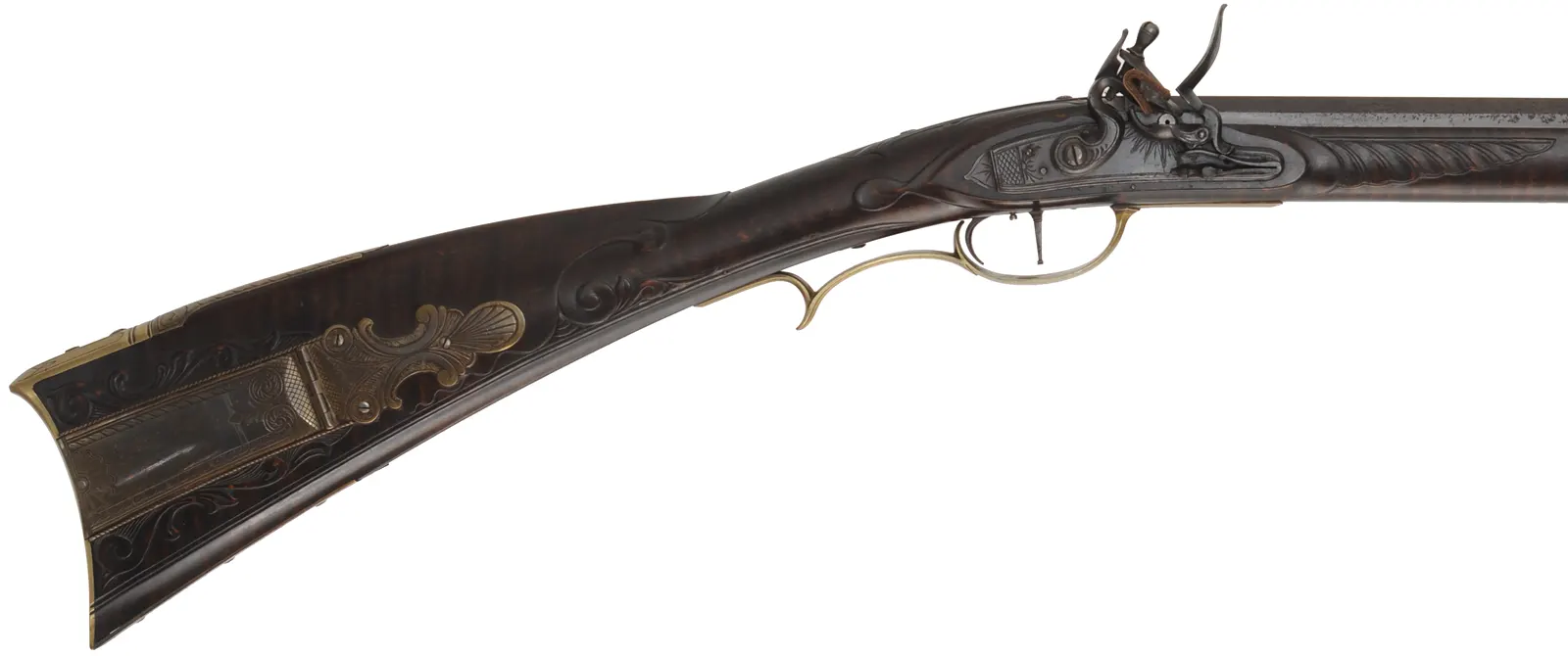 Lehigh Valley Longrifle,
.38 caliber, 40" barrel,
flintlock, curly maple, engraved brass,
with accouterments,
used, signed by F. Anderson Riley