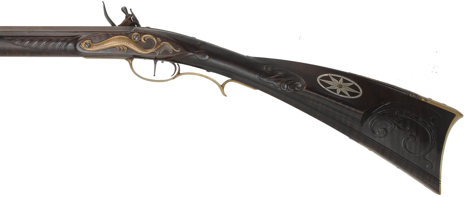 Lehigh Valley Longrifle,
.38 caliber, 40" barrel,
flintlock, curly maple, engraved brass,
with accouterments,
used, signed by F. Anderson Riley