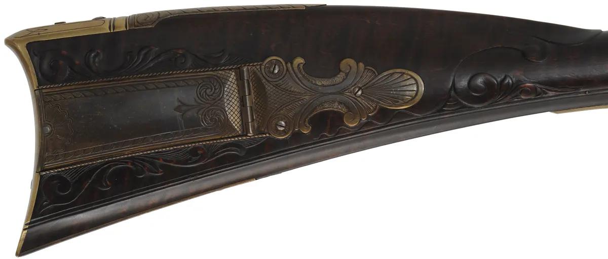 Lehigh Valley Longrifle,
.38 caliber, 40" barrel,
flintlock, curly maple, engraved brass,
with accouterments,
used, signed by F. Anderson Riley