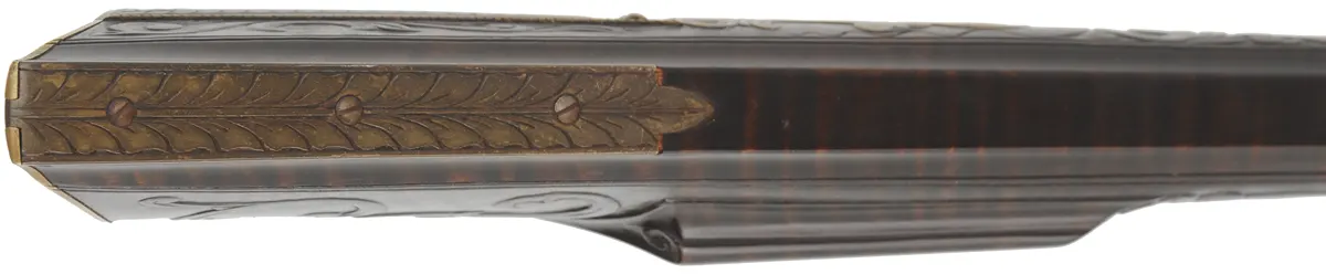 Lehigh Valley Longrifle,
.38 caliber, 40" barrel,
flintlock, curly maple, engraved brass,
with accouterments,
used, signed by F. Anderson Riley