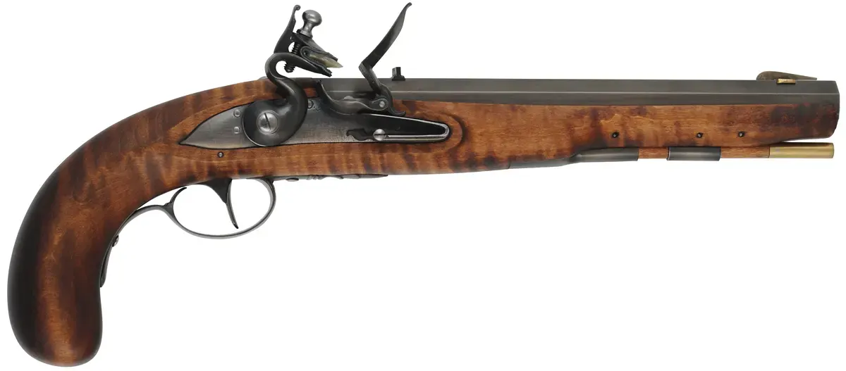 Kentucky Pistol,
.54 caliber, 10" barrel,
small Queen Anne flintlock, 
maple, iron trim, used