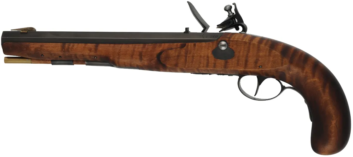 Kentucky Pistol,
.54 caliber, 10" barrel,
small Queen Anne flintlock, 
maple, iron trim, used