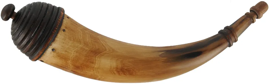 Powder Horn,
10-1/2", paneled tip,
raised strap ring, turned maple base