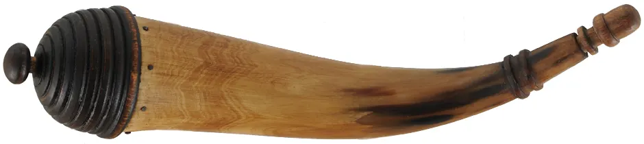 Powder Horn,
10-1/2", paneled tip,
raised strap ring, turned maple base