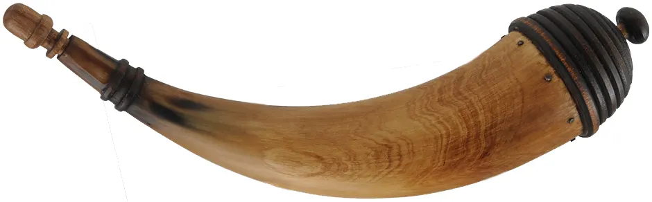 Powder Horn,
10-1/2", paneled tip,
raised strap ring, turned maple base