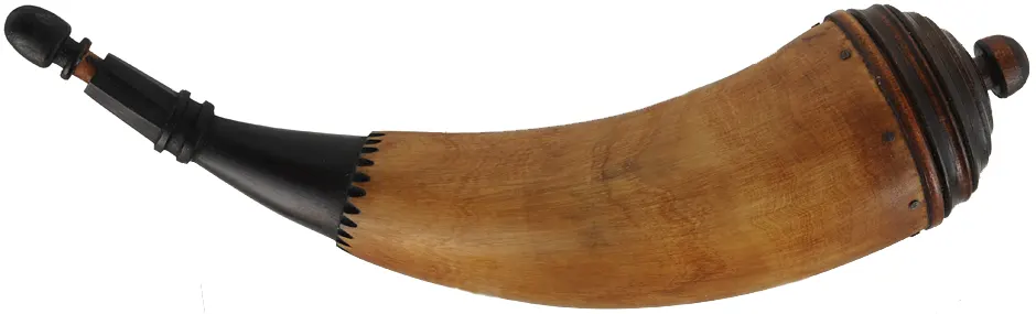 Powder Horn,
11-1/4", paneled tip,
patina finish, turned maple base