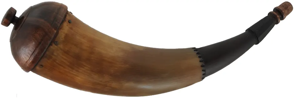 Powder Horn,
10-1/2", paneled tip,
patina finish, turned walnut base