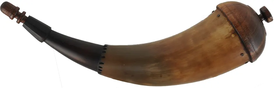 Powder Horn,
10-1/2", paneled tip,
patina finish, turned walnut base