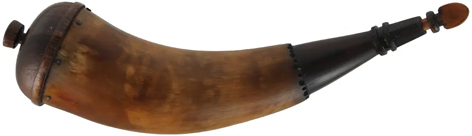 Powder Horn,
12", paneled tip,
patina finish, turned walnut base