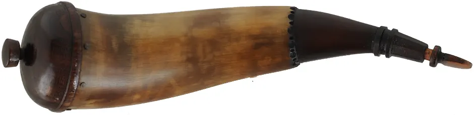 Powder Horn,
12", paneled tip,
patina finish, turned walnut base