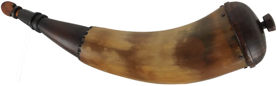 Powder Horn,
12", paneled tip,
patina finish, turned walnut base