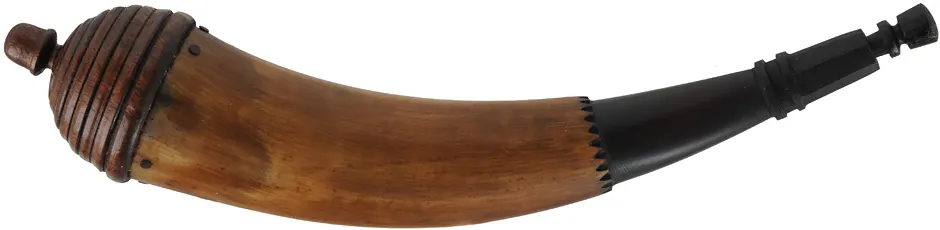 Powder Horn,
12", paneled tip,
patina finish, turned walnut base