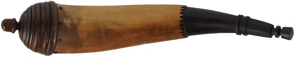 Powder Horn,
12", paneled tip,
patina finish, turned walnut base