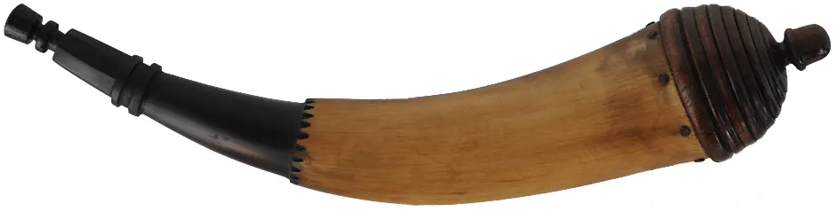 Powder Horn,
12", paneled tip,
patina finish, turned walnut base