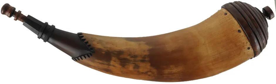 Powder Horn,
12-1/8", paneled tip,
tansel throat, turned maple base