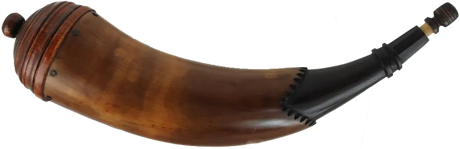 Powder Horn,
11-7/8", paneled tip,
tansel throat, turned maple base