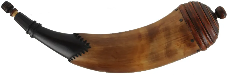 Powder Horn,
11-7/8", paneled tip,
tansel throat, turned maple base