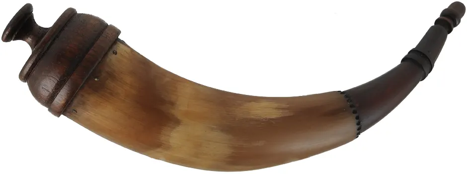 Powder Horn,
13-1/8", paneled tip,
patina finished, turned walnut base
