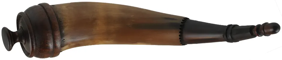 Powder Horn,
13-1/8", paneled tip,
patina finished, turned walnut base