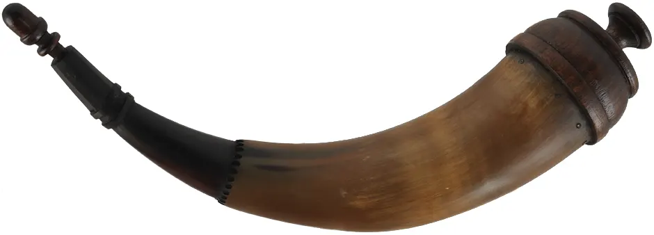 Powder Horn,
13-1/8", paneled tip,
patina finished, turned walnut base
