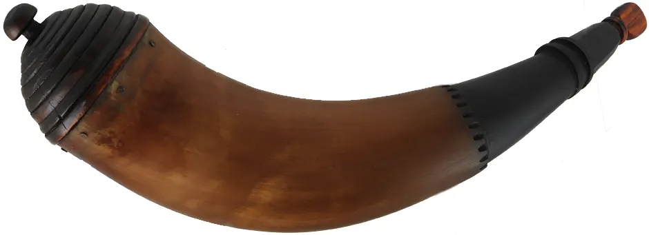 Powder Horn,
12", paneled tip,
patina finish, turned maple base