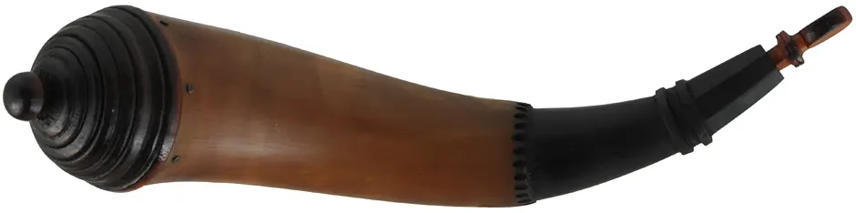 Powder Horn,
12", paneled tip,
patina finish, turned maple base
