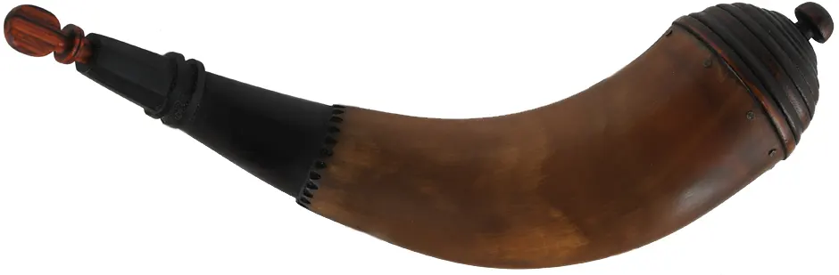 Powder Horn,
12", paneled tip,
patina finish, turned maple base