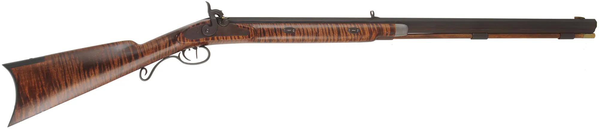 Hawken Halfstock Rifle,
.54 caliber,  33" barrel, 
Griffith percussion lock, curly maple, iron, 
used, signed by D. Priddy