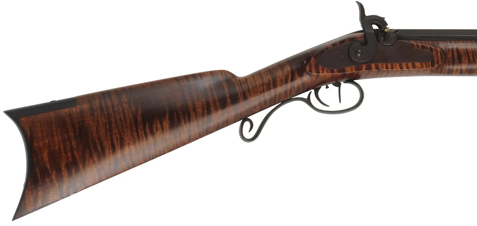 Hawken Halfstock Rifle,
.54 caliber,  33" barrel, 
Griffith percussion lock, curly maple, iron, 
used, signed by D. Priddy