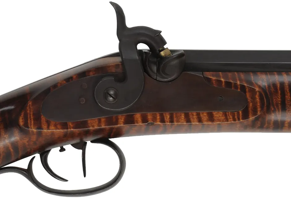 Hawken Halfstock Rifle,
.54 caliber,  33" barrel, 
Griffith percussion lock, curly maple, iron, 
used, signed by D. Priddy