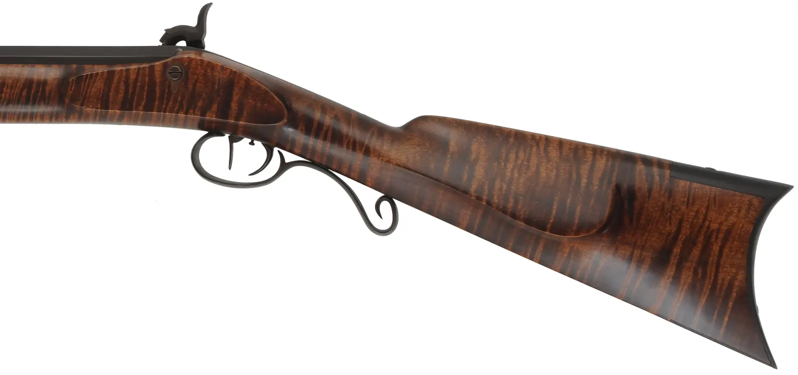 Hawken Halfstock Rifle,
.54 caliber,  33" barrel, 
Griffith percussion lock, curly maple, iron, 
used, signed by D. Priddy