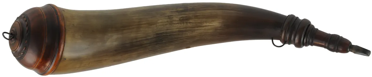 Powder Horn, 
15", turned screw tip,
turned base, used, by Art DeCamp