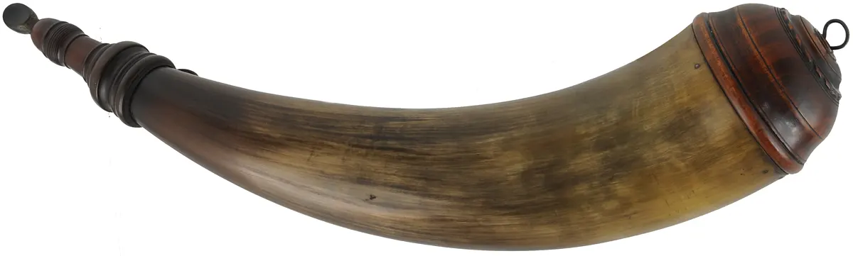 Powder Horn, 
15", turned screw tip,
turned base, used, by Art DeCamp